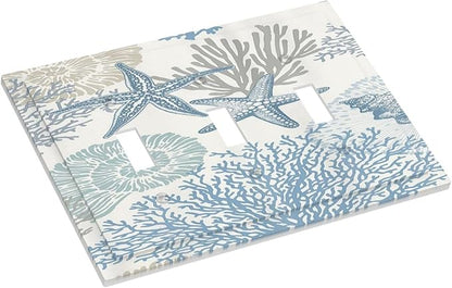 Decorative Light Switch Plate Covers Blue Starfish Coral Seaweed 3 Gang Light Switch Cover Plate Triple Toggle Wall Plate Outlet Covers for Bathroom Bedroom Decor