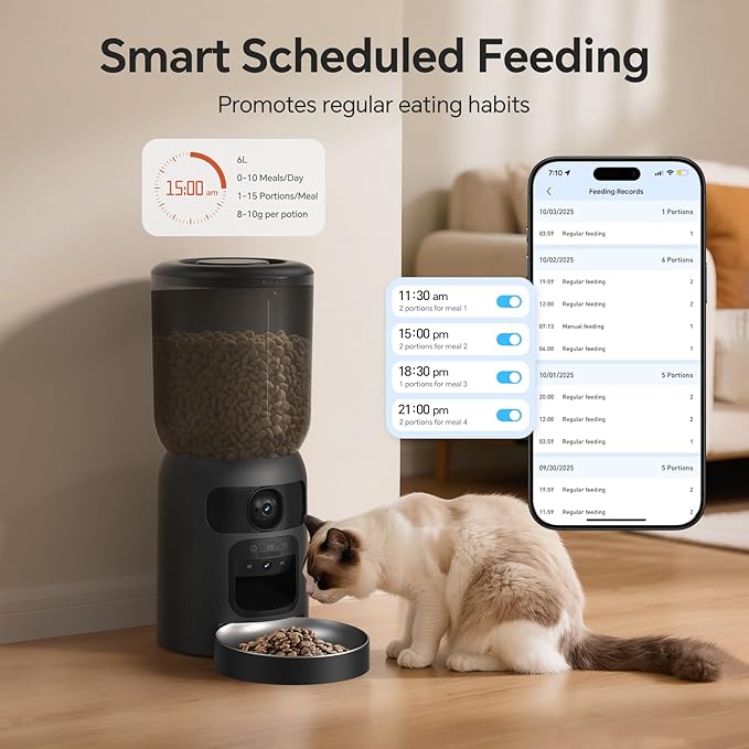 Automatic Cat Feeder with Dual 2K HD Camera, Smart Pet Food Dispenser for Timed Meals, APP Control Laser Interactive Toy Treat Feeders with 2.4G / 5G WiFi, Black