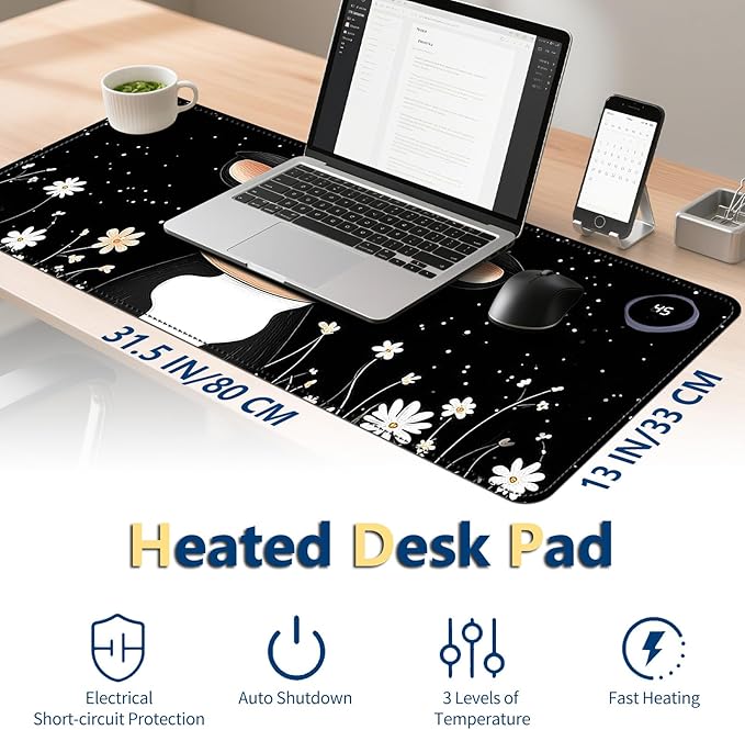 Heated Mouse Pad with 3 Temperature Settings(104°F–122°F),Large 31.5x13 Inch PU Leather Heated Desk Mat,Waterproof Warming Pad for Office,Gaming & Cold Hands Relief,Cute Black White Cow