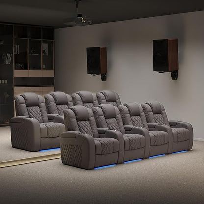 Weilianda Home Theater Seating Top Grain Leather Zero Gravity Recliner Chair Power Headrest Recline Movie Seat Gaming 7 Colors Mood Light Sofa with Tray Table USB Charge Row of 3 Grey