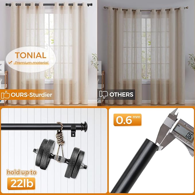 TONIAL Curtain Rod 32 to 86 Inch(2.6-7.2ft), Telescoping Splicing Drapery Rods for Windows 54 to 82 Inch(4.5-6.8ft), Decorative 3/4 Single Rod with Small Cap Finial, Black
