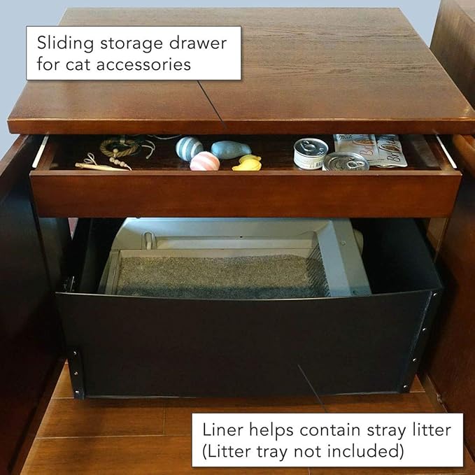 THE REFINED FELINE Cat Litter Box Enclosure Cabinet, Shaker, Mahogany Brown, Square Feet, XLarge, Hidden Litter Cat Furniture with Drawer
