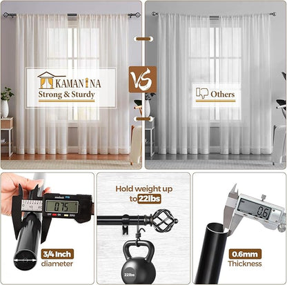 KAMANINA Black Curtain Rods for Windows 48 to 84 Inch, Adjustable Single Curtain Rod 32 to 86 Inch(2.6-7.1ft), 3/4 Inch Splicing Drapery Rods with Twisted Cage Finial