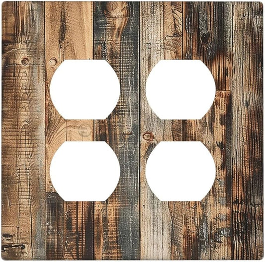 Outlet Covers Rustic Brown Wood Pattern Splice Plank 2 Gang Double Duplex Decorative Light Switch Covers Electrical Wallplates Socket Faceplate For Farmhouse Cabin Decor