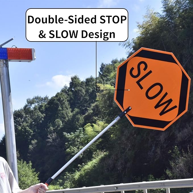 BESEA 24×24 Inch Stop/Slow Reflective Street Sign, Double-Sided with Telescopic Handle (56–106 in), Hand Held Stop Sign Road Sign Traffic Sign for Traffic Control & School Safety