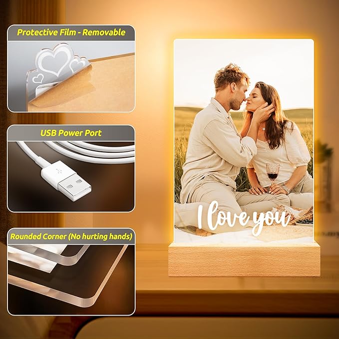Personalized Picture Frame, Custom Photo Frame with Night Light, Custom Picture Frames, Personalized Anniversary Birthday Valentines Day Gifts for Women Men Her Him Girlfriend Boyfriend Couple