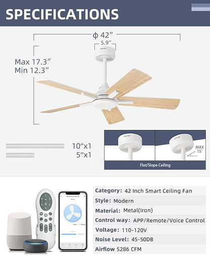 YOUKAIN Smart Ceiling Fan - 42 Inch White Ceiling Fan No Light, Voice & Remote Control, Reversible Blades, Living Room, Bedroom, 42-YJ812-WH-NL