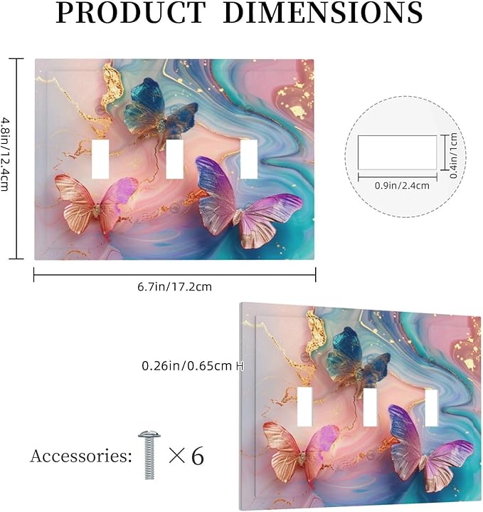 Colorful Marble Butterfly Gold Glitter Abstract Print Decorative Switch Plates 3 Gang Wall Plate Triple Toggle Light Switch Cover Faceplate Electrical Wall Panels for Bed Room Living Room Decor