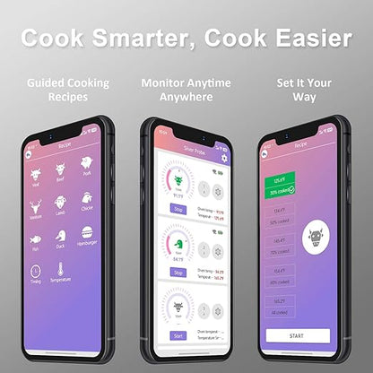 Smart Bluetooth Wireless Meat Thermometer with Display Base, NIST ±0.5°F Accuracy, 1000°F Heat-Resistant Ultra-Thin Probe, Long-Range 10X Sub-1G Signal, WiFi Range for BBQ, Grill, Oven & Smoker–Grey