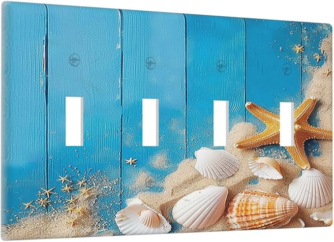 Light Switch Covers Blue Wood Grain Beach Shell Starfish Quad Toggle Electrical Faceplate 4 Gang Wall Plate Decorative Switch Plates for Bathroom Farmhouse Decor