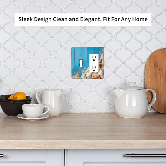 Outlet Covers Blue Wood Grain Beach Shell Starfish 1 Toggle 1 Rocker Combination Decorative Wall Plate Electrical Switch Plates Light Switch Cover Plate for Bathroom Farmhouse Decor