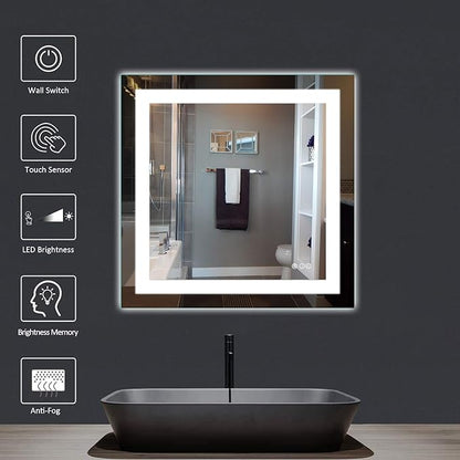 Amorho LED Bathroom Mirror 36"x 36" with Front and Backlight, Stepless Dimmable Wall Mirrors with Anti-Fog, Shatter-Proof, Memory, 3 Colors, Double LED Vanity Mirror