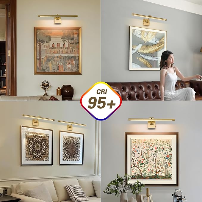 Joosenhouse Battery Operated Picture Lights for Wall Rechargeable Art Lighting for Paintings Wireless Gallery Lights with Remote Control and Dimmable Timed Off Brass Wall Lights 24.4 inch