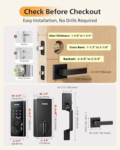 Philips WiFi Smart Keyless Entry Door Lock Deadbolt With Handle Set, Built-in WiFi, App Remote & Voice Control, Fingerprint Smart Lock For Front Door, Touchscreen Keypad Front Door Lock Set, Auto Lock