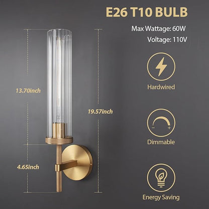 19.5" Knurled Brass Wall Sconce with Vertical Striped Glass Tube, Gold Bathroom Vanity Light Fixtures, Modern Lamp Lighting for Bedroom, Living Room, Hallway, Staircase, Mirror, Kitchen