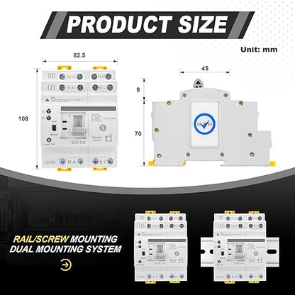 63Amp 110V AC Mini ATS Automatic/Manual Transfer Switch, 4Pole G2R Solar Auto Dual Power Changeover Switch for Home Generator, Din Rail Mounted 50/60Hz CE Certified for Rv, Lv, Cn Public/Backup Power