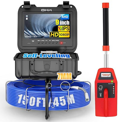 Okk Sewer Camera with Locator, Drain Camera 150ft, Pipe Inspection with 512Hz Sonde, Self-Leveling, Industrial Endoscope with DVR, 9" LCD, Meter Counter, 7mm Cable, IP68 Waterproof, 12 LEDs, 32GB Card