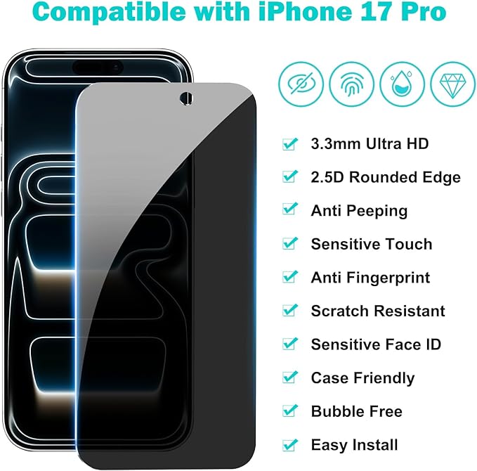 PEHAEL 3+3Pack for iPhone 17 Pro Privacy Screen Protector with Camera Lens Protector Full Coverage Anti-Spy Tempered Glass Film 9H Hardness Easy Installation Bubble Free [6.3 inch]