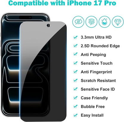 PEHAEL 3+3Pack for iPhone 17 Pro Privacy Screen Protector with Camera Lens Protector Full Coverage Anti-Spy Tempered Glass Film 9H Hardness Easy Installation Bubble Free [6.3 inch]