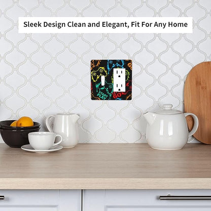 Decorative Outlet Covers Gamepad Theme Graffiti 2 Gang Wall Plate Single Toggle 1 Rocker Light Switch Cover Switch Plate Covers Faceplate for Game Room Bedroom Home Decor