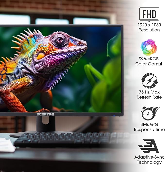 Sceptre 24-inch Prime Monitor Thin 1080p LED Monitor 99% sRGB 2x HDMI VGA Build-in Speakers, Machine Black (E248W-19203R 2025 Series)