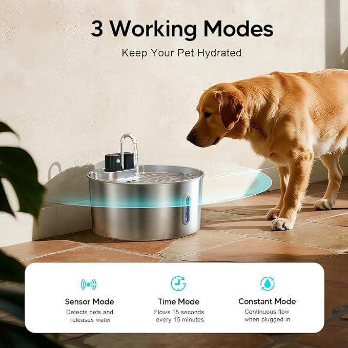 Voluas Dog Water Fountain: 1.8Gal/7L Wireless Stainless Steel Dog Fountain Bowl for Small to Large Dogs, Battery Operated Pet Water Dispenser Indoor with Ultra-Quiet Pump, Multi-Filtration, Easy Clean