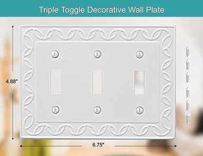 Triple Toggle Light Switch Cover NovaBloom Metal Wall Plate, 2-Pack White 3 Gang, Light Switch Cover Decorative Wallplate, Durable