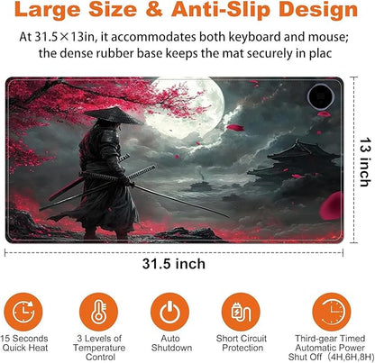 Heated Mouse Pad for Desk 31.5" x 13" – PU Leather Warm Desk Pad with 3 Heat Levels (104°F/113°F/122°F), Plug-in Electric Heating Mat with Auto Shut-Off, Waterproof & Rollable, Samurai