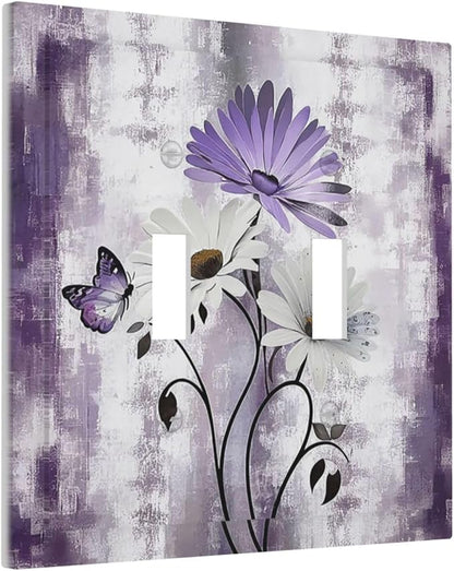 Purple Daisy White Floral Butterfly Flowers 2 Gang Double Toggle Light Switch Cover Decorative Switchplate Electrical Wall Plates Faceplate for Bathroom Bedroom Decor 4.9 X 5 IN