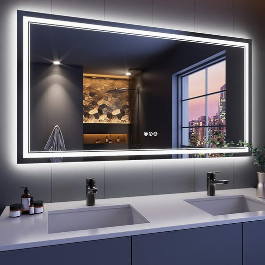 55x30 Inch LED Bathroom Mirror, Backlit and Front Light Anti-Fog Dimmable Memory Lighted Vanity Mirror, Large Shatterproof Wall-Mounted Led Mirror for Bathroom