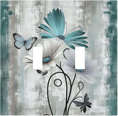 Decorative Switch Plates Rustic Teal Daisy Floral Flowers Butterfly Wood Grain 2 Gang Double Toggle Outlet Light Switch Cover Wall Plate Electrical Faceplate for Bathroom Bedroom Decor