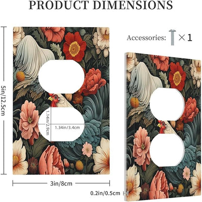 Outlet Covers Rooster Flowers Red White Chicken Floral 1 Gang Duplex Wall Plate Decorative Switch Plates Electrical Receptacle Faceplate Light Switch Cover for living Room Farmhouse Decor