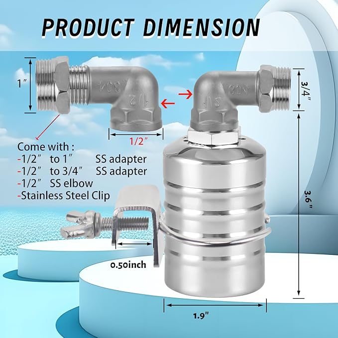 Float Valve, 1/2" to 3/4" 1" 304 Stainless Steel Fully Automatic Water Level Controller, Automatic Water Level Control Float Valve for Water Tank, Livestock Troughs, Pool, Distiller