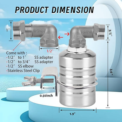 Float Valve, 1/2" to 3/4" 1" 304 Stainless Steel Fully Automatic Water Level Controller, Automatic Water Level Control Float Valve for Water Tank, Livestock Troughs, Pool, Distiller