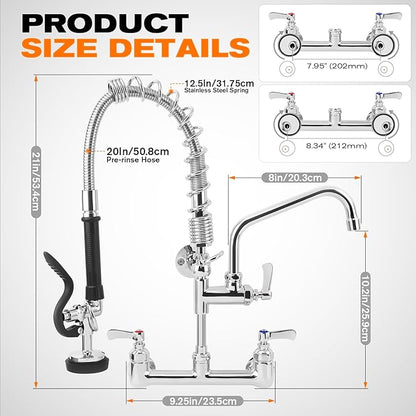 21" Height Commercial Faucet with Sprayer, 8" Adjustable Center & 8" Add-on Swing Spout, Wall Mount Pre Rinse Commercial Sink Faucet for Commercial Restaurant Industrial Kitchen