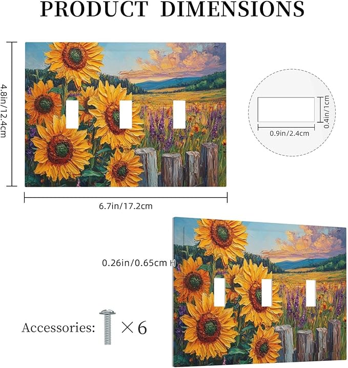 Decorative Light Switch Cover Plate Rustic Wilderness Sunflower Lavender Muzha Oil Painting 3 Gang Wall Plate Oversized Triple Toggle Switch Cover Plate Jumbo Faceplate