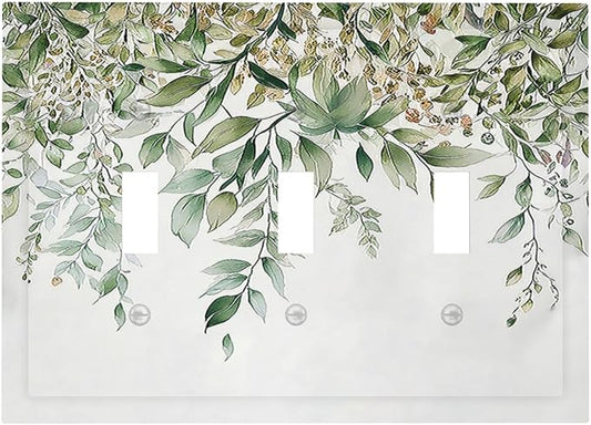 Decorative Switch Plates Sage Green Eucalyptus Watercolor Plant Leaves 3 Gang Wall Plate Triple Toggle Light Switch Cover Faceplate Electrical Wall Panels for Bedroom Bathroom Decor