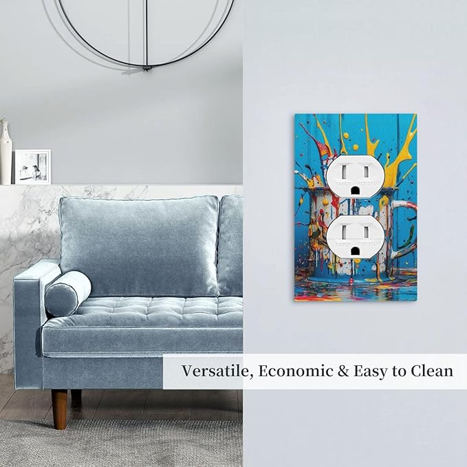 Decorative Outlet Covers Colorful Paint Splatters Blue Wood Plank 1 Gang Duplex Light Switch Cover Plate Wall Plates for Electrical Outlets Switchplate Faceplate