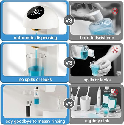 Upgraded Automatic Mouthwash Dispenser with 4 Dispensing Levels for Bathroom-GIMUBABA Smart Mouth Wash Dispenser Sets with 20.3 FL Oz Container,2 Cups & Wall Mount Accessories for Kids & Family,White