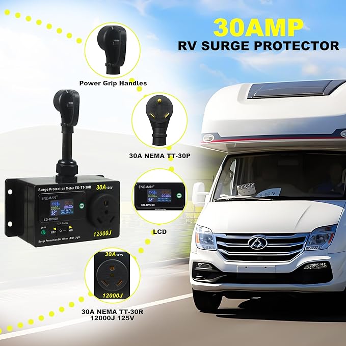RV 30 Amp Surge Protector with Power Meter (kWh) - 12,000 Joules High Surge Guard - Real-Time Voltage & Amp Monitor for Travel Trailers (NEMA TT-30P)
