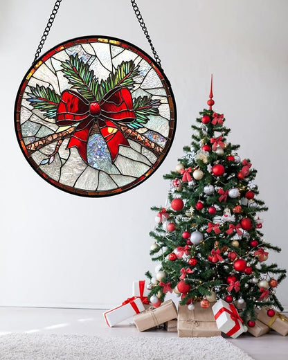 Stained Glass Window Hanging - Pine Branches Red Bow Suncatcher for Doors Home Christmas Decoration Silver Sun Catcher Thanksgiving New Year Birthday Gifts for Women Men Mom Nana 9.8 in