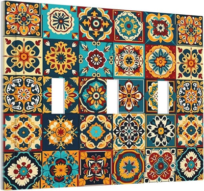 Mexican Talavera Ceramic Tile Moroccan Boho Decorative Switch Plates 3 Gang Wall Plate Triple Toggle Light Switch Cover Faceplate Electrical Wall Panels for Bathroom Kitchen Decor