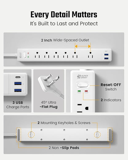 10Ft Extension Cord with Multiple Outlets, SUPERDANNY Flat Plug Surge Protector Power Strip 10 Ft Long Cord, 6 Outlets & 3 USB Ports, Charging Station for Home Office, College Dorm Room Essentials