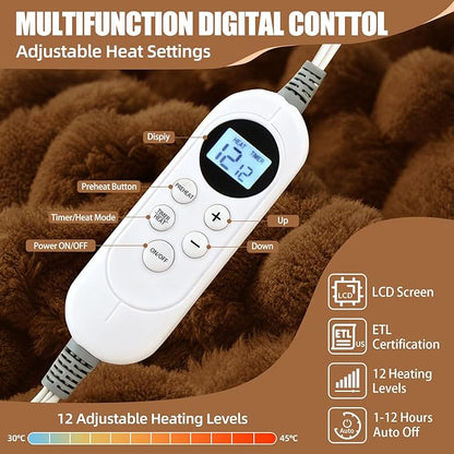 Electric Heated Blanket 90''x100'' – Large Soft Ribbed Faux Fur Fast Heating Blanket with 12 Heat Settings, 1–12H Timer, Overheat Protection ETL & FCC Certified Machine Washable