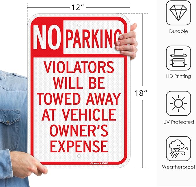 GicnKeuz Large No Parking Signs,18x12 Inches Violators Will Be Towed Away at Vehicle Owner's Expense Signs, Engineer Grade Reflective Aluminum, Fade Resistant,Indoor or Outdoor Use (2-Pack)