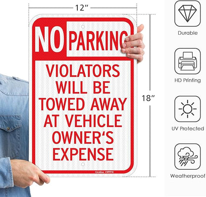 GicnKeuz Large No Parking Signs,18x12 Inches Violators Will Be Towed Away at Vehicle Owner's Expense Signs, Engineer Grade Reflective Aluminum, Fade Resistant,Indoor or Outdoor Use (2-Pack)