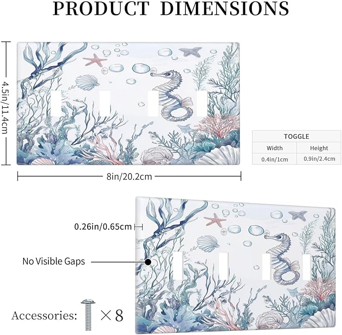 Light Switch Covers Ocean Coral Seahorse Seashell Starfish Quad Toggle Electrical Faceplate 4 Gang Wall Plate Decorative Switch Plates For Bathroom Home Decor