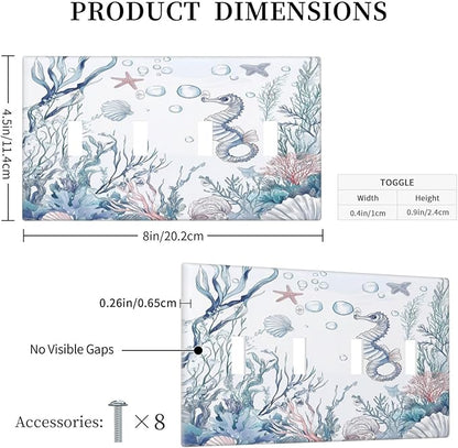 Light Switch Covers Ocean Coral Seahorse Seashell Starfish Quad Toggle Electrical Faceplate 4 Gang Wall Plate Decorative Switch Plates For Bathroom Home Decor