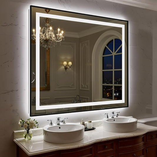 48X40 Inch LED Bathroom Mirror with Lights, Black Frame Frontlit+ Backlit Bathroom Vanity Mirror for Wall, Ultra-Clear Tempered Glass, Shatter-Proof, Anti-Fog and Memory Function, ETL Listed