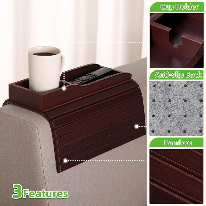 GEHE Couch Cup Holder, Anti Falling Sofa Arm Tray, Natural Bamboo Sofa Cup Holder More Safe for You Family, Portable Couch Arm Tray Armrest Table for Remote, Snacks, Phone, Drinks